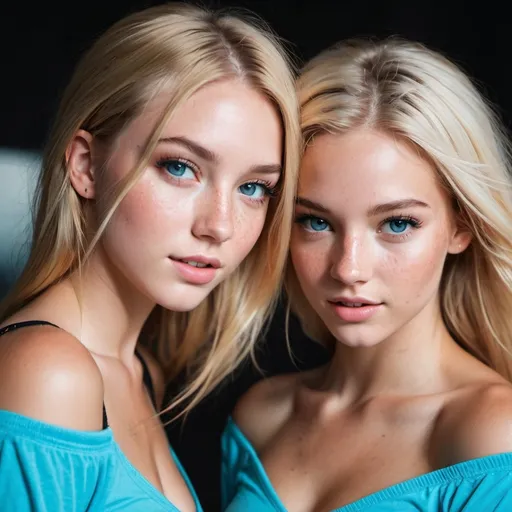 Prompt: 2 girls, 16, American, long blonde hair, bright blue eyes, artistic photography, freckles, short tight clothes, rave, alluring gaze, off the shoulder, flawless, beauty, smokey eye makeup, slipping out, falling out, sloppy, aerie, h&m, la vie en rose