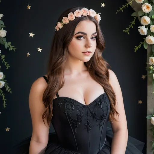 Prompt: 18, female main subject, curvy, cute aesthetic, gothic ballerina, long hair, beautiful, flawless appearance, Portugal, flowers, blossoming, stars