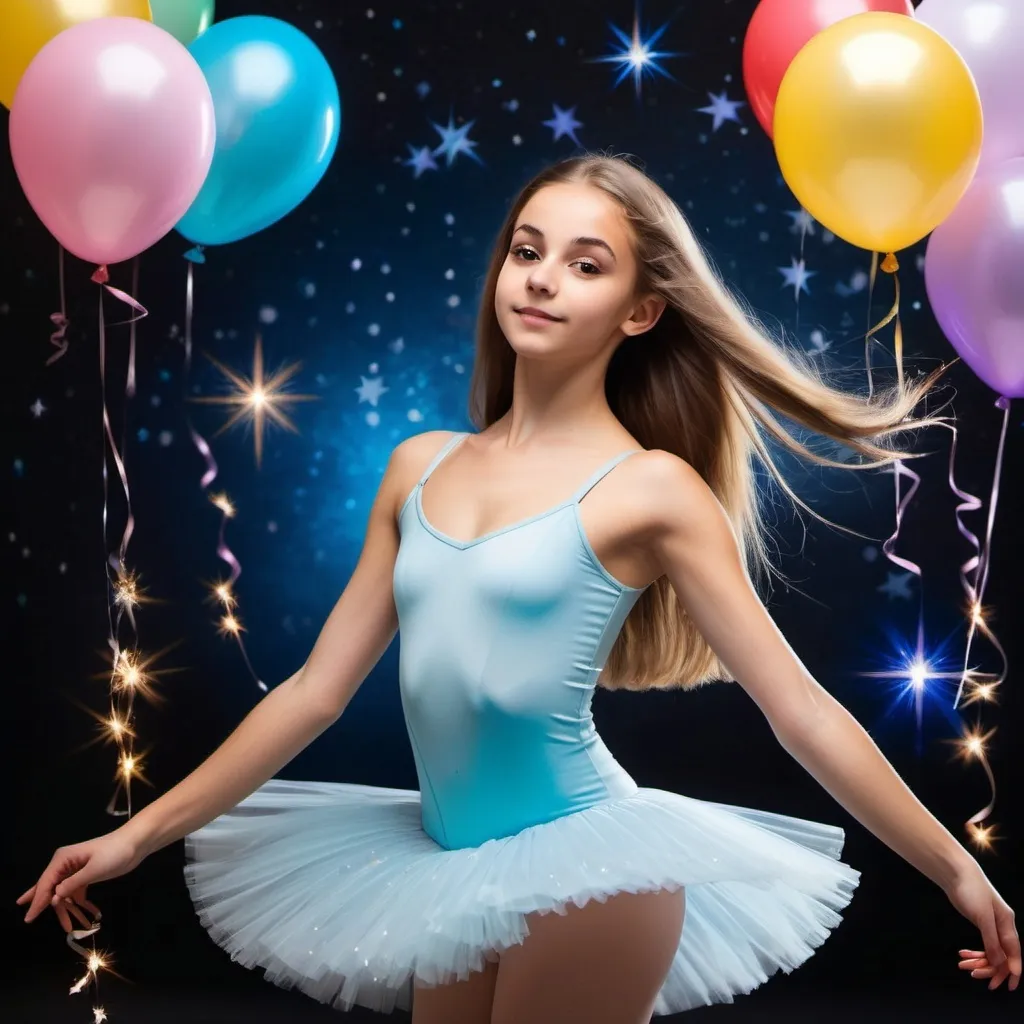 Prompt: A beautiful italian 16 year old ballet dancer poses in her short tight clothes showing off her soft long hair that is brightly coloured and gives an open inviting alluring charm drawing the viewer closer, the background features unique details such as stars sparks fireflies balloons bubbles clouds or a forest.