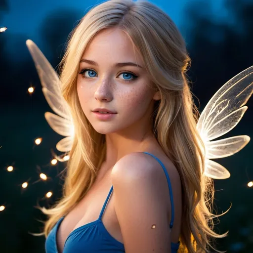 Prompt: 16, girl, long blonde hair, slender, short tight clothes, posing, bright blue eyes, alluring, inviting, Italian, background with fireflies, freckles, smoky eye makeup with wings