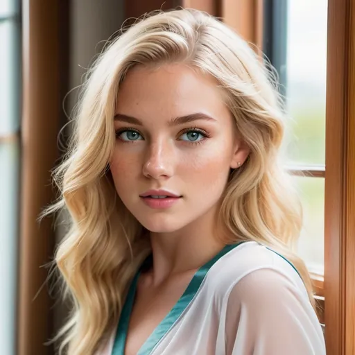 Prompt: Glamour photography of woman in bedroom window, 18, long blonde hair, bright eyes, soft features, youthful look, maxim style pose, freckles, flawless beauty, perfection,  modern make up, highlighted inner eye, alluring look, charm, class, wealth