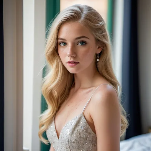 Prompt: Glamour photography of woman in bedroom window, 18, long blonde hair, bright eyes, soft features, youthful look, freckles, flawless beauty, perfection,  modern make up, highlighted inner eye, alluring look, charm, class, wealth, from behind, looking back, new years dress, italy