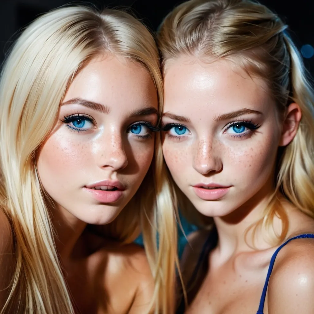 Prompt: 2 girls, 16, American, long blonde hair, bright blue eyes, artistic photography, freckles, short tight clothes, rave, alluring gaze, off the shoulder, flawless, beauty, smokey eye makeup, slipping out, falling out, sloppy