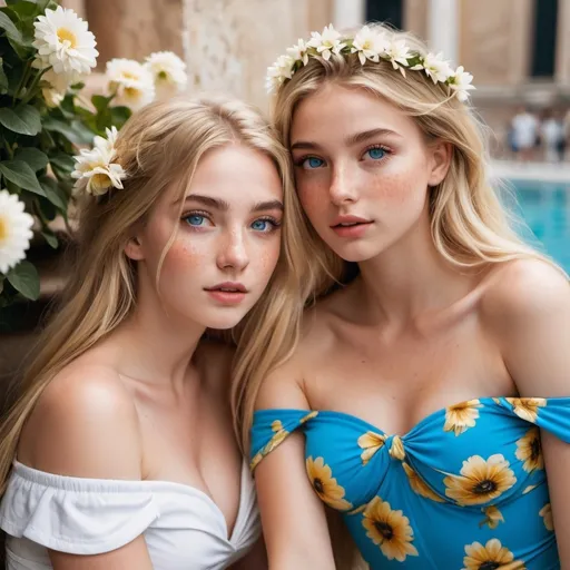 Prompt: 2 girls, 16, glamorous, Italian, bright blue eyes, long soft blonde hair, alluring expression, flawless, freckles, off the shoulder, swimwear, flowers, blooming, rome, undone, slipping out, peeking