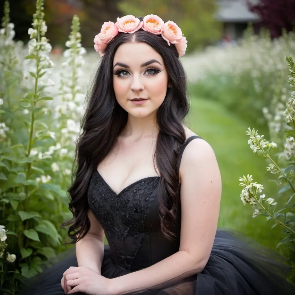 Prompt: 16, female main subject, curvy, cute aesthetic, gothic ballerina, long hair, beautiful, flawless appearance, Toronto, flowers, blossoming, sparks, WOW