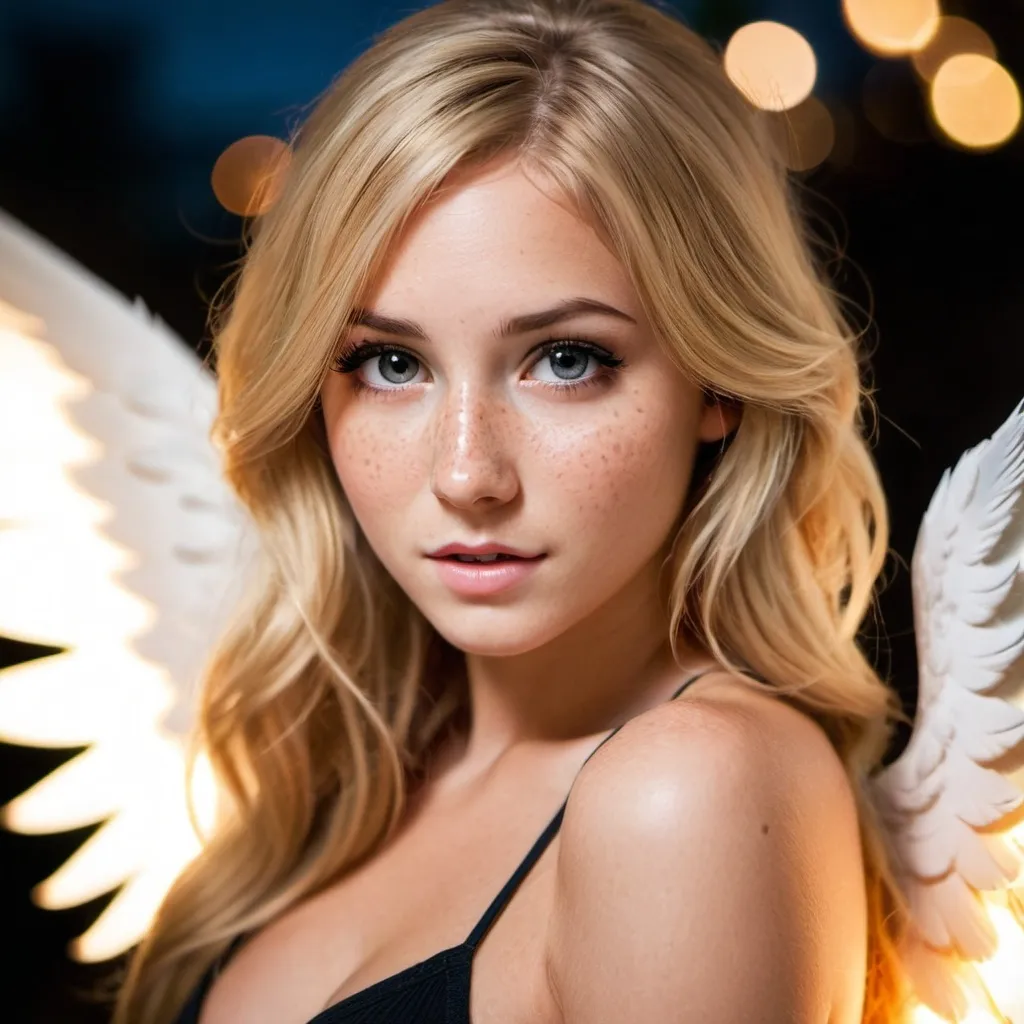 Prompt: 16, girl, long blonde hair, slender, short tight clothes, posing, bright eyes, alluring, inviting, Italian, bokeh, 50mm aperture, freckles, smoky eye makeup with wings