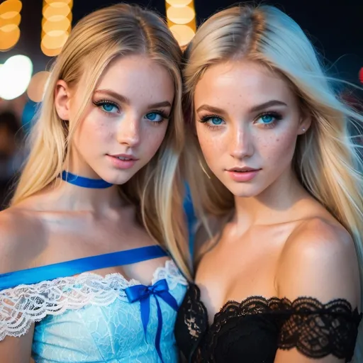 Prompt: 2 girls, 16, American, long blonde hair, bright blue eyes, artistic photography, freckles, short tight clothes, rave, lace, ribbon, alluring gaze, off the shoulder, flawless, beauty, smokey eye makeup