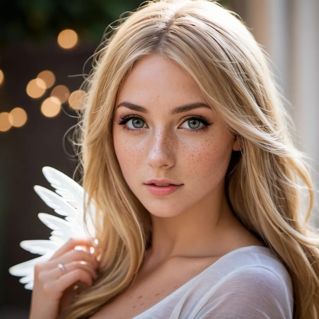 Prompt: 16, girl, long blonde hair, slender, short tight clothes, posing, bright eyes, alluring, inviting, Italian, bokeh, 50mm aperture, freckles, smoky eye makeup with wings