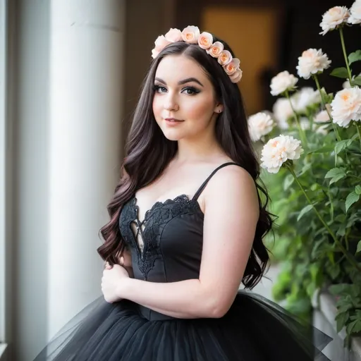 Prompt: 18, female main subject, curvy, cute aesthetic, gothic ballerina, long hair, beautiful, flawless appearance, Toronto, flowers, blossoming, sparks