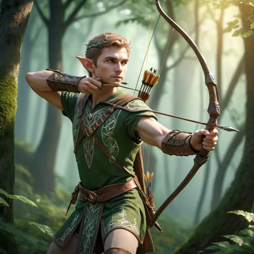 Prompt: (highland elf archer), poised with a graceful bow, detailed facial features showcasing determination, adorned in elegant forest-inspired attire with intricate patterns, dynamic pose amid a lush, enchanted forest, dappled sunlight filtering through leaves, enchanting and serene atmosphere, lush greenery, ethereal glow surrounding the character, ultra-detailed, 4K resolution, magical 
 thats male ambiance.