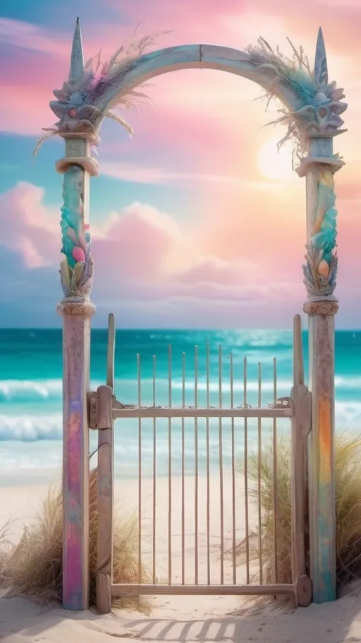 Prompt:  beach gate totem with a dreamy fantastical, square frame