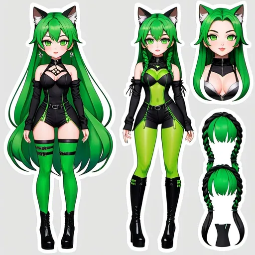 Prompt: Front and back anime paper doll cat girl with long black braided hair. She has bright green eyes, Viper cat girl from Valorant, wears a black and green outfit with thigh high boots