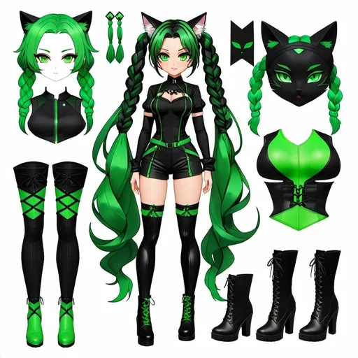 Prompt: Anime paper doll cat girl with long black braided hair. She has bright green eyes, Viper cat girl from Valorant, wears a black and green outfit with thigh high boots