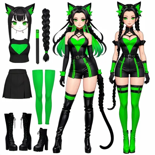 Prompt: anime style drawn paper doll cat girl, with two long black braids, bright green eyes, Viper cat girl from Valorant, wears a black and green outfit with thigh high boots just like Viper from Valorant, anime paper doll