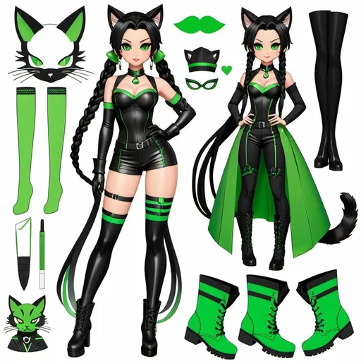 Prompt: paper doll cat girl, with two long black braids, she has bright green eyes, Viper cat girl from Valorant, wears a black and green outfit with thigh high boots just like Viper from Valorant, anime paper doll