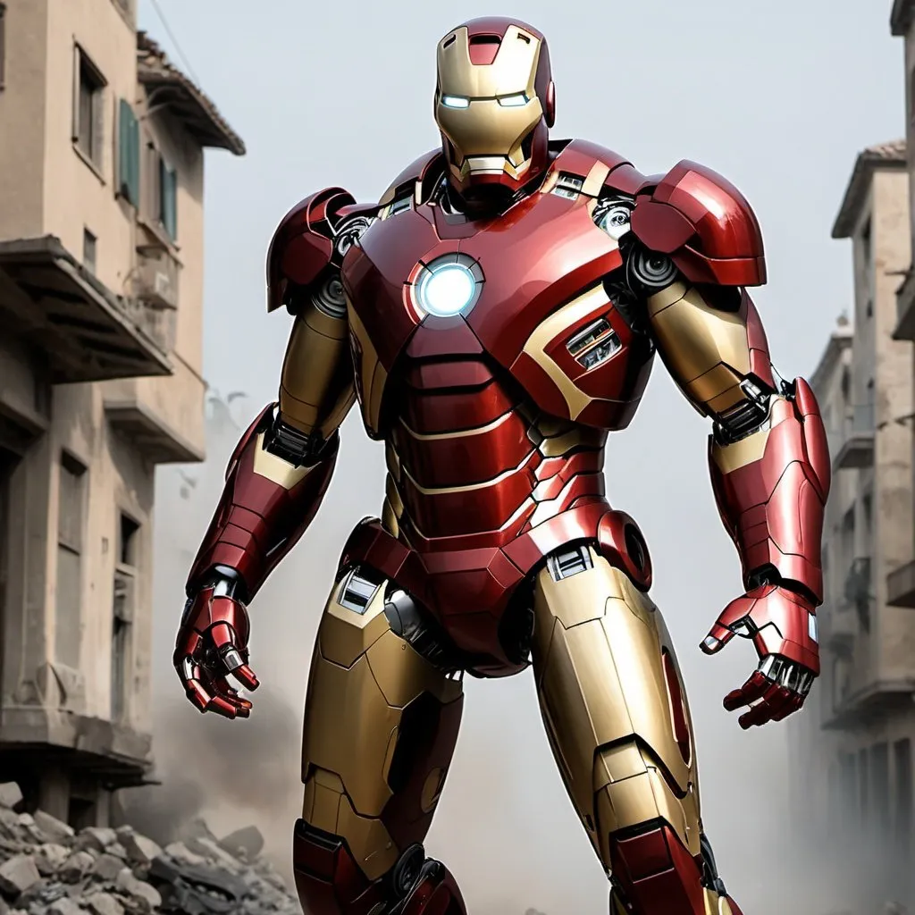 Prompt: fai un robot da guerra stile iron man
