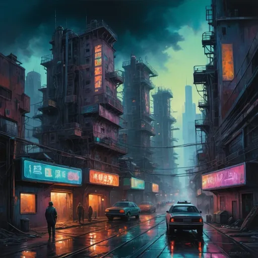 Prompt: Hyperwave oil painting of a dystopian cityscape, ultra-detailed, highres, vibrant colors, dark and moody, futuristic buildings towering over slums, polluted sky, eerie glow from neon signs, high-tech surveillance drones, gritty and industrial, dynamic brushstrokes, atmospheric lighting, oil painting, dystopian, vibrant colors, futuristic buildings, polluted sky, eerie glow, high-tech surveillance, industrial, dynamic brushstrokes, moody atmosphere