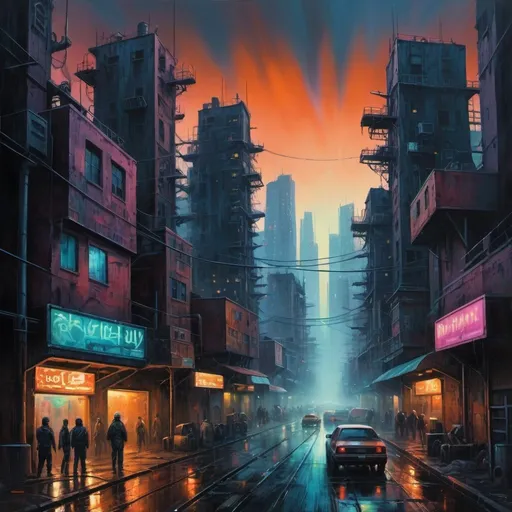 Prompt: Hyperwave oil painting of a dystopian cityscape, ultra-detailed, highres, vibrant colors, dark and moody, futuristic buildings towering over slums, polluted sky, eerie glow from neon signs, high-tech surveillance drones, gritty and industrial, dynamic brushstrokes, atmospheric lighting, oil painting, dystopian, vibrant colors, futuristic buildings, polluted sky, eerie glow, high-tech surveillance, industrial, dynamic brushstrokes, moody atmosphere