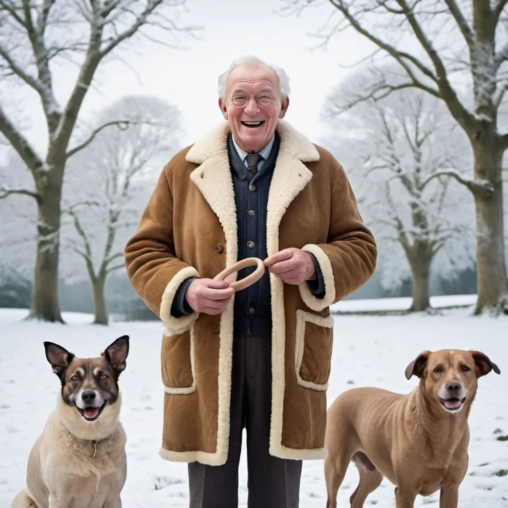 Prompt: Create an image of an elderly man, with a smiling face and bleary eyes, wearing a great sheepskin coat. He is holding a rattle and accompanied by two dogs, with drooping heads. The scene is a snowy estate with frost-coated trees in the background