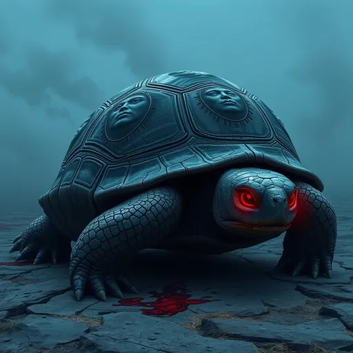 Prompt: A giant turtle, its shell marred by deep, bleeding cracks, drags itself along a shifting, writhing path, Human faces are eerily engraved on its shell, their expressions a mix of calm and anguish, reflecting the turtle’s own unsettling, serene demeanor. Glowing red eyes trail black mist with each agonized movement. The turtle has a face of a human, human faces engraved on turtle's shell
