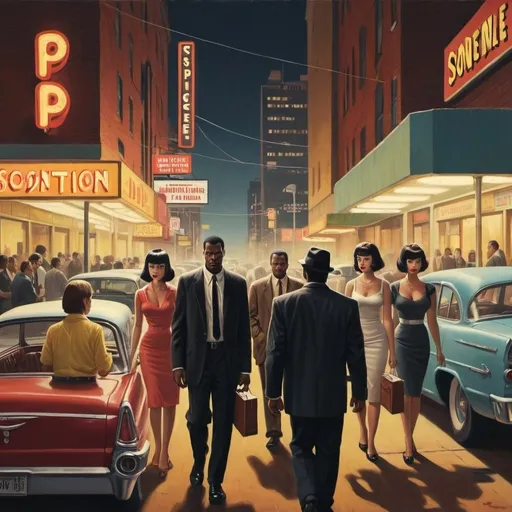 Prompt: Many people living their own life within a busy city, in sonder, in a pulp fiction 50s style.