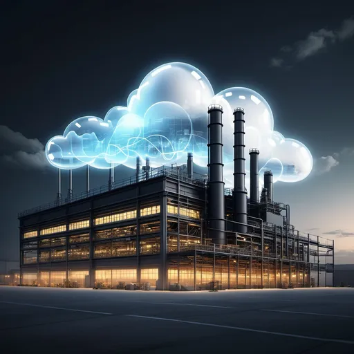 Prompt: “A realistic depiction of a modern industrial factory with a sleek, transparent, and glowing digital cloud hovering above it. Illuminated lines represent the connection between the cloud and various components of the factory. The image should convey a professional atmosphere, blending technology and industry seamlessly.”