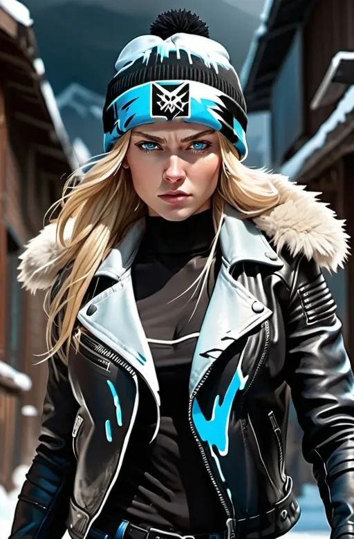 Prompt: Female figure. Greater bicep definition. Sharper, clearer blue eyes. Long Blonde hair flapping. Leather Jacket. Black Beanie Frostier, glacier effects. Fierce combat stance.