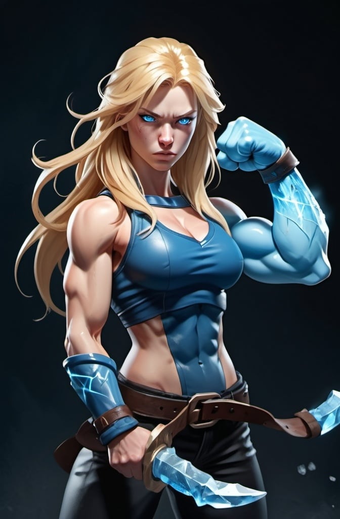 Prompt: Female figure. Greater bicep definition. Sharper, clearer blue eyes. Nosebleed. Long Blonde hair flapping. Frostier, glacier effects. Fierce combat stance. Raging Fists. Icy Knuckles. 