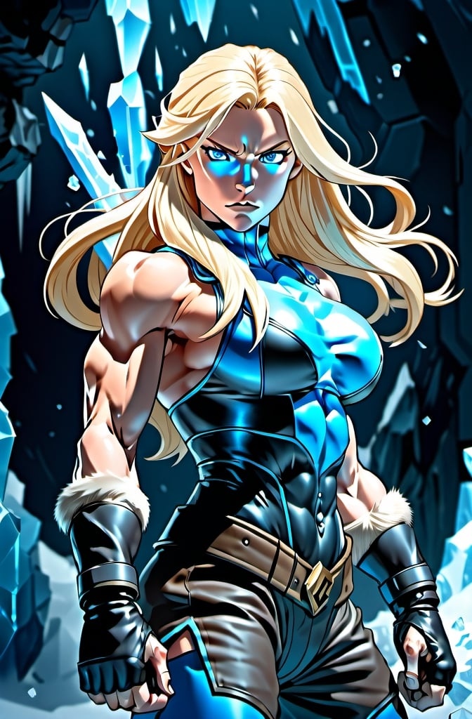 Prompt: Female figure. Greater bicep definition. Sharper, clearer blue eyes. Nosebleed. Long Blonde hair flapping. Frostier, glacier effects. Fierce combat stance. Icy Knuckles.