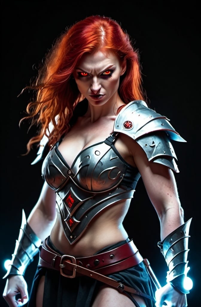 Prompt: Evil red-haired warrior woman with a mischievous grin. Carmine, red eyes. Fierce combat stance.