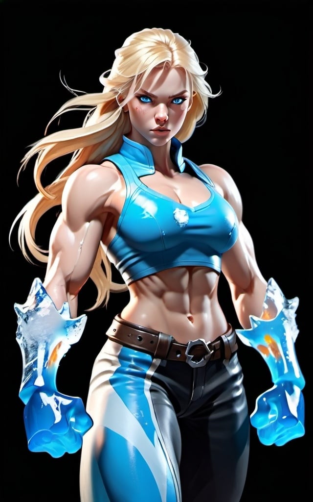 Prompt: Female figure. Greater bicep definition. Sharper, clearer blue eyes. Long Blonde hair flapping. Frostier, glacier effects. Fierce combat stance. Ice Fists.