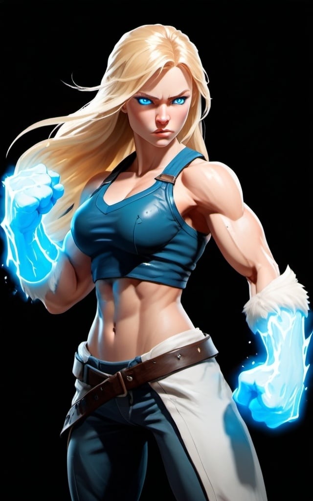 Prompt: Female figure. Greater bicep definition. Sharper, clearer blue eyes. Long Blonde hair flapping. Frostier, glacier effects. Fierce combat stance. Raging Fists.