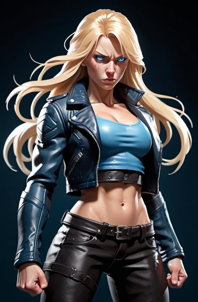 Prompt: Female figure. Greater bicep definition. Sharper, clearer blue eyes. Nosebleed. Long Blonde hair flapping. Frostier, glacier effects. Fierce combat stance. Raging Fists. Icy Knuckles. Leather Jacket.  