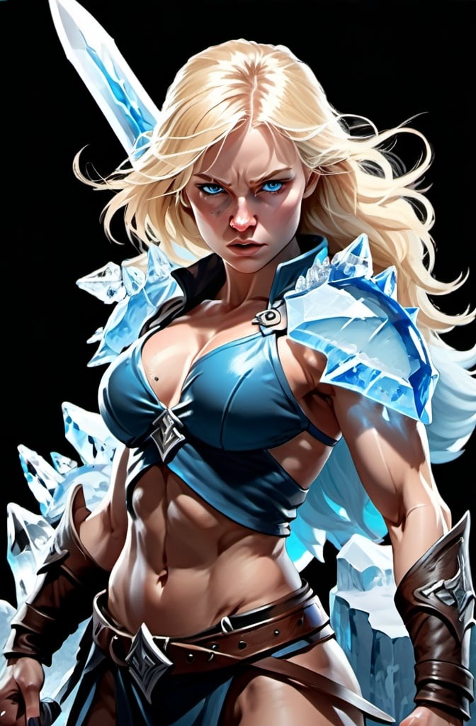 Prompt:  Female figure. Greater bicep definition. Sharper, clearer blue eyes. Blonde hair flapping. Nosebleed. Frostier, glacier effects. Fierce combat stance. Holding ice daggers. 