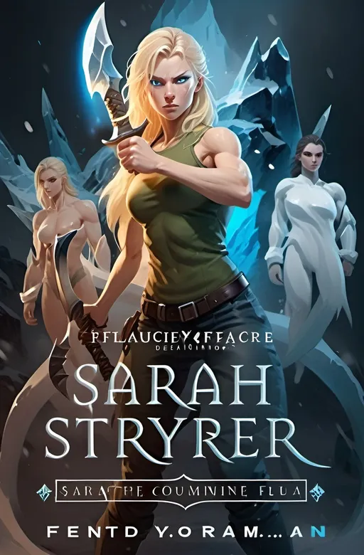 Prompt:  Female figure. Greater bicep definition. Sharper, clearer blue eyes. Blonde hair  flapping. Frostier, glacier effects. Engulfed in White Mist. Fierce combat stance. Holding Ice Daggers.