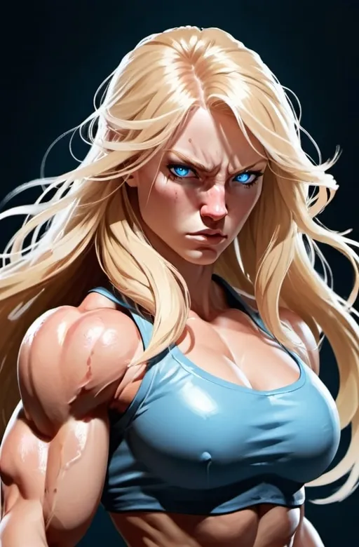 Prompt: Female figure. Greater bicep definition. Sharper, clearer blue eyes. Nosebleed. Long Blonde hair flapping. Frostier, glacier effects. Fierce combat stance. Raging Fists. Icy Knuckles.