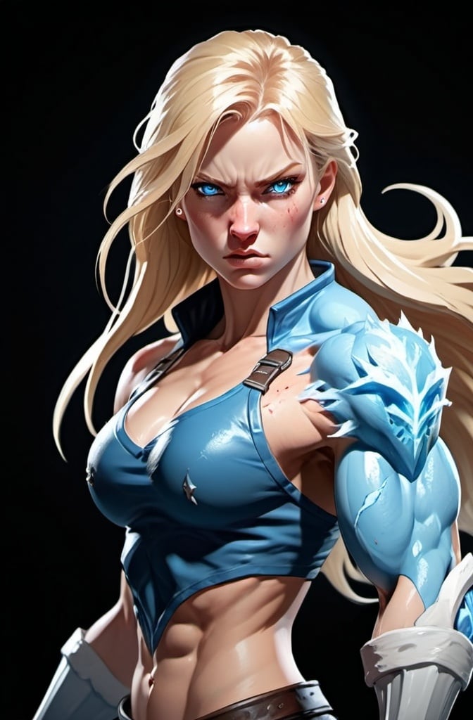 Prompt: Female figure. Greater bicep definition. Sharper, clearer blue eyes. Bleeding. Long Blonde hair flapping. Frostier, glacier effects. Fierce combat stance. Raging Fists. Icy Knuckles.