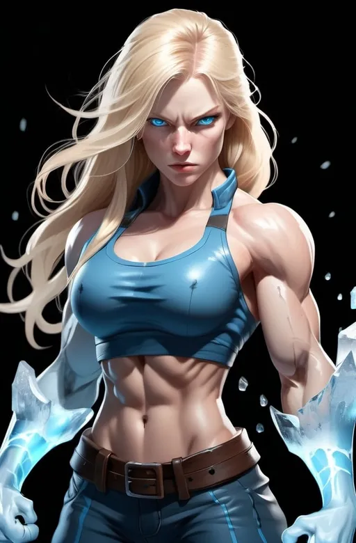 Prompt: Female figure. Greater bicep definition. Sharper, clearer blue eyes. Nosebleed. Long Blonde hair flapping. Frostier, glacier effects. Fierce combat stance. Raging Fists. Icy Knuckles.