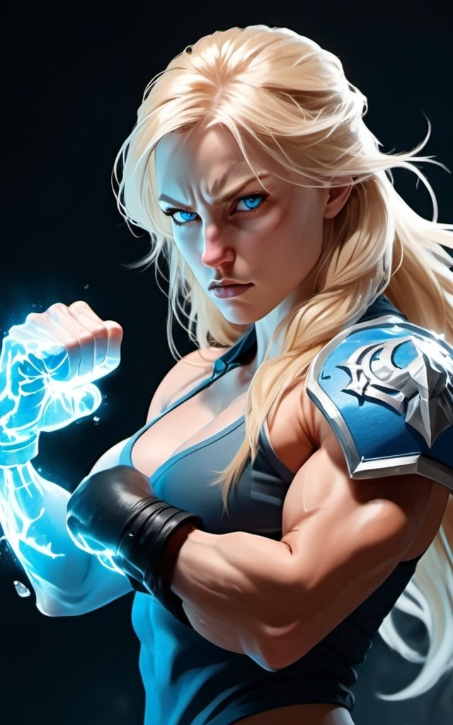 Prompt: Female figure. Greater bicep definition. Sharper, clearer blue eyes. Nosebleed. Long Blonde hair flapping. Frostier, glacier effects. Fierce combat stance. Raging Fists. Icy Knuckles. 