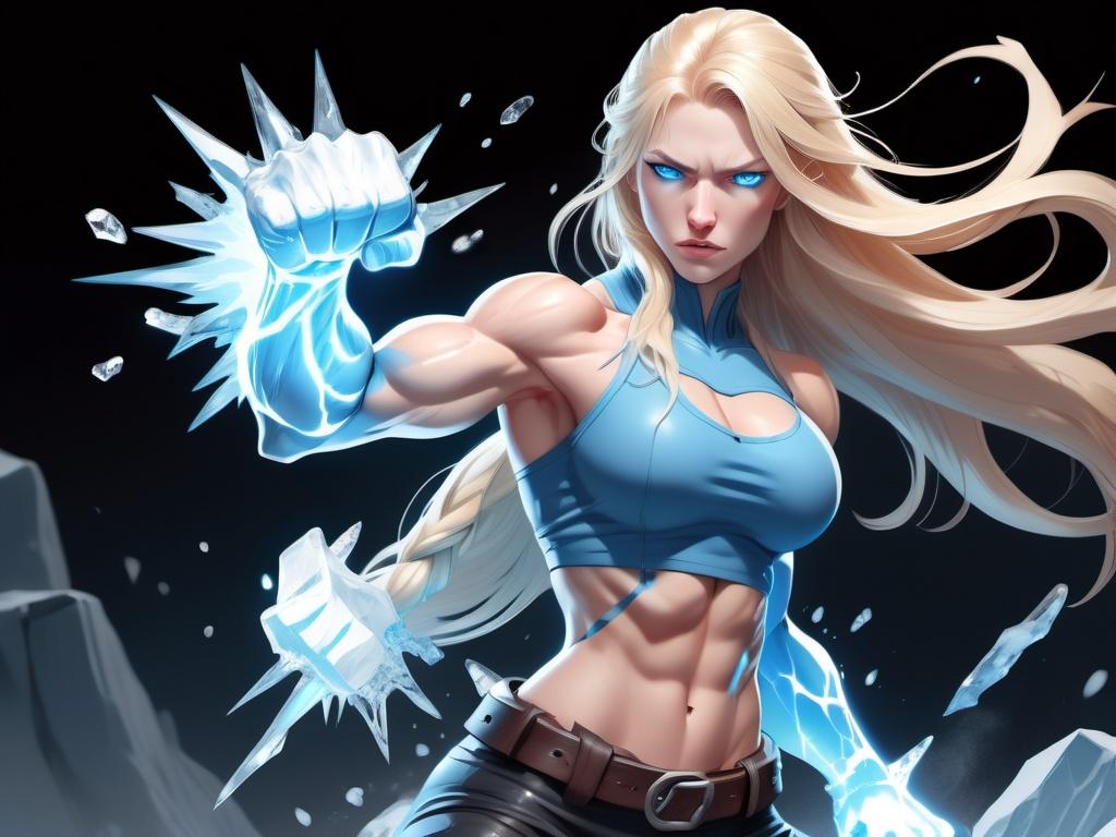 Prompt: Female figure. Greater bicep definition. Sharper, clearer blue eyes. Nosebleed. Long Blonde hair flapping. Frostier, glacier effects. Fierce combat stance. Raging Fists. Icy Knuckles.