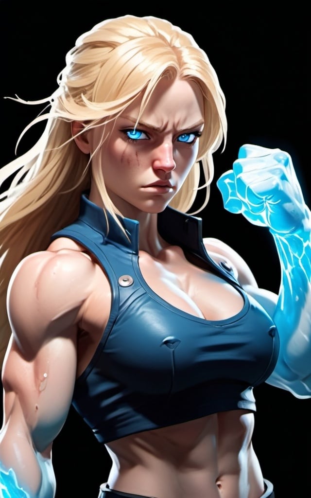 Prompt: Female figure. Greater bicep definition. Sharper, clearer blue eyes. Nosebleed. Long Blonde hair flapping. Frostier, glacier effects. Fierce combat stance. Raging Fists. Icy Knuckles.