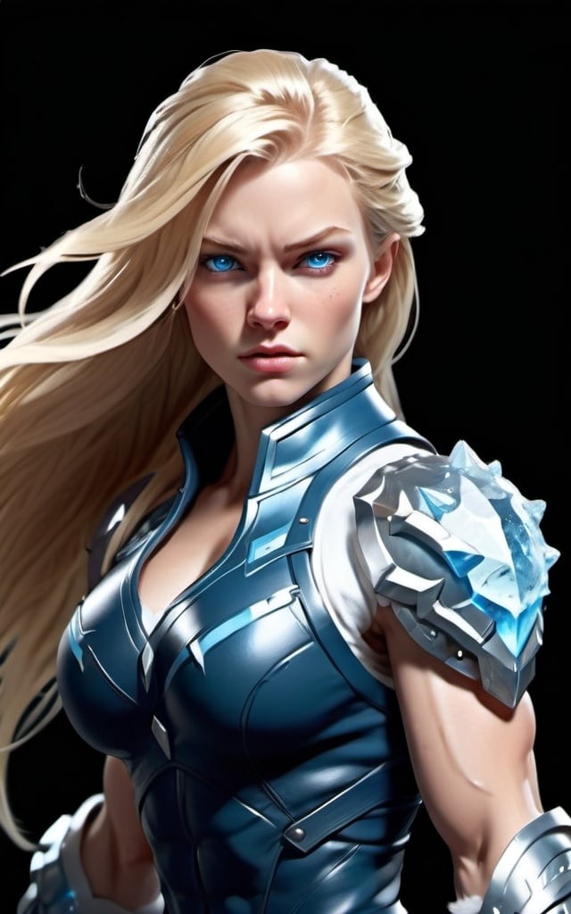 Prompt: Female figure. Greater bicep definition. Sharper, clearer blue eyes. Long Blonde hair flapping. Frostier, glacier effects. Fierce combat stance. Icy Knuckles.