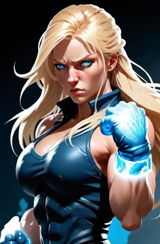 Prompt: Female figure. Greater bicep definition. Sharper, clearer blue eyes. Nosebleed. Long Blonde hair flapping. Frostier, glacier effects. Fierce combat stance. Raging Fists. Icy Knuckles.