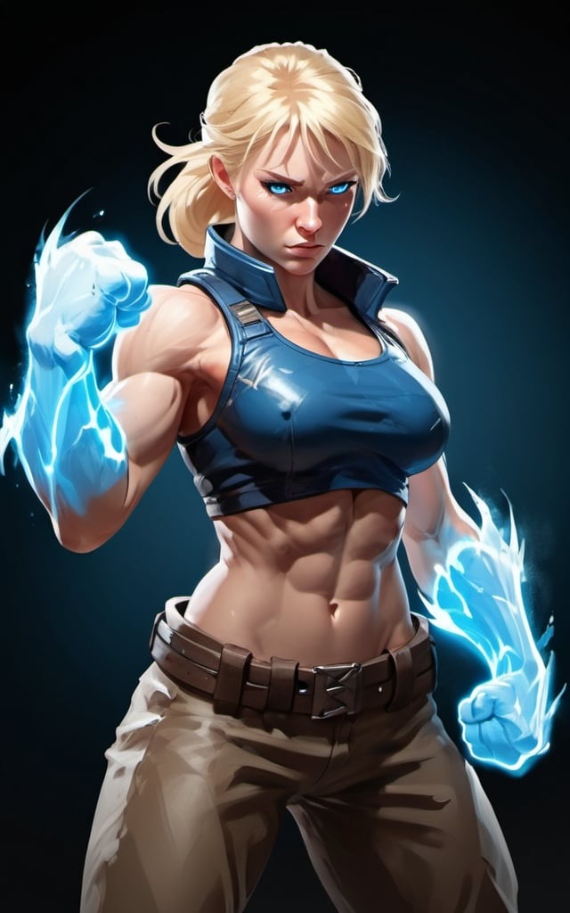 Prompt: Female figure. Greater bicep definition. Sharper, clearer blue eyes. Blonde hair flapping. Frostier, glacier effects. Fierce combat stance. Raging Fists. 