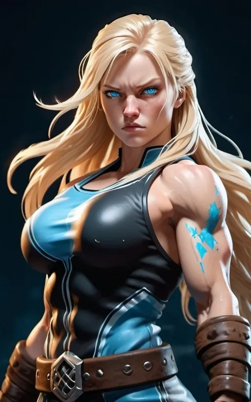 Prompt: Female figure. Greater bicep definition. Sharper, clearer blue eyes. Nosebleed. Long Blonde hair flapping. Frostier, glacier effects. Fierce combat stance. Raging Fists. Icy Knuckles. 