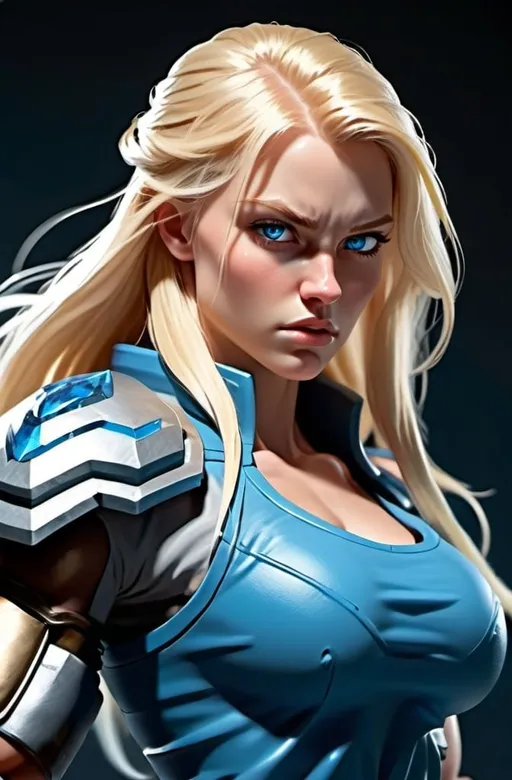 Prompt: Female figure. Greater bicep definition. Sharper, clearer blue eyes. Long Blonde hair flapping. Frostier, glacier effects. Fierce combat stance. Hand on hip. 