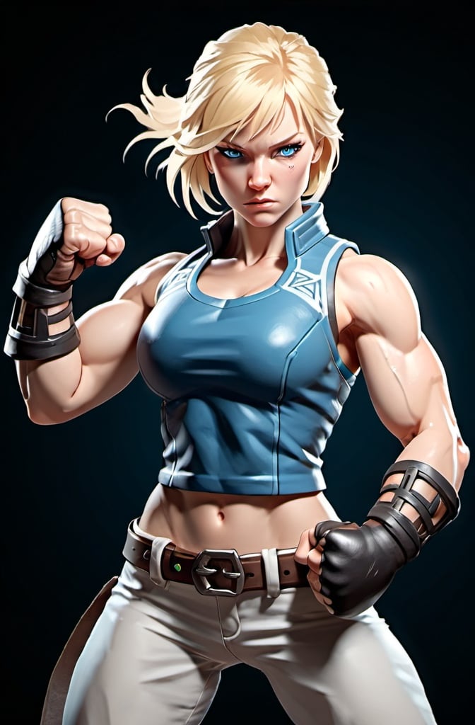 Prompt: Female figure. Greater bicep definition. Sharper, clearer blue eyes. Blonde hair.  Frostier, glacier effects.  Fierce combat stance. Raging Fists. 