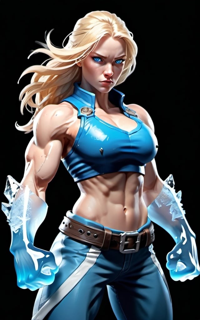 Prompt: Female figure. Greater bicep definition. Sharper, clearer blue eyes. Long Blonde hair flapping. Frostier, glacier effects. Fierce combat stance. Ice Fists.