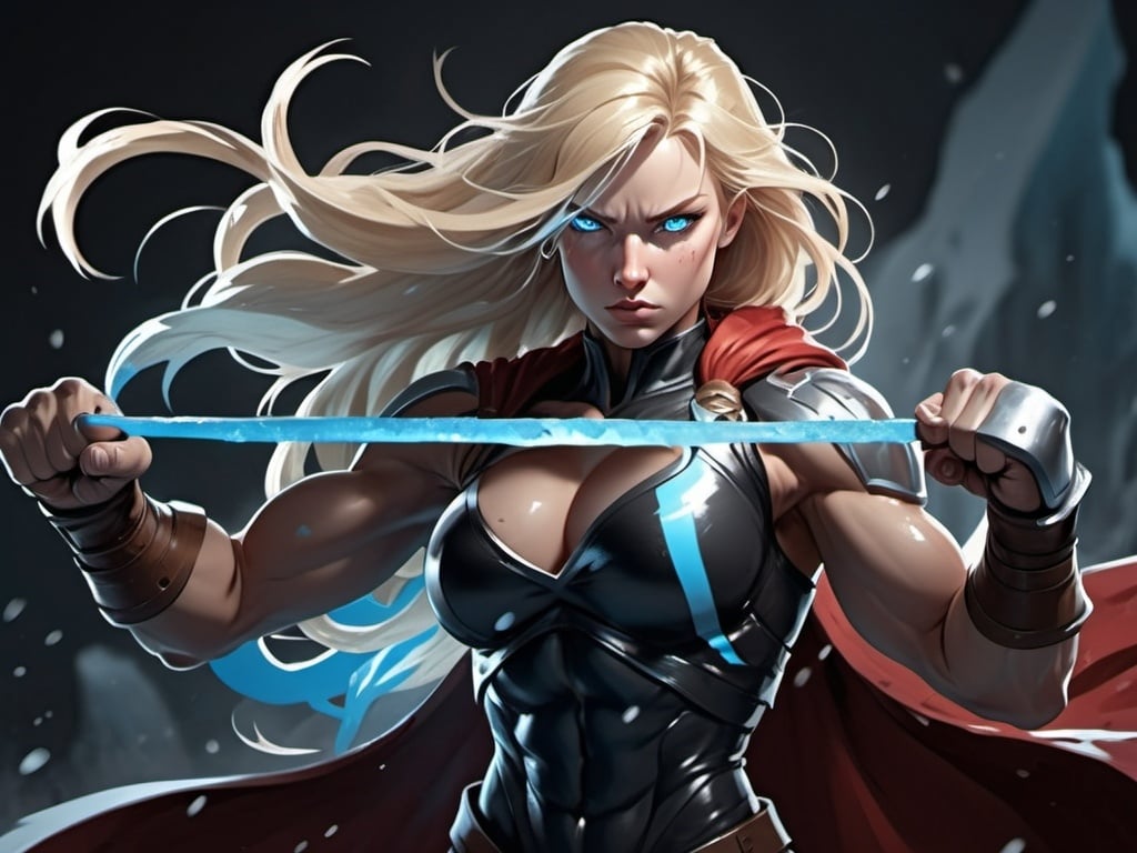 Prompt: Female figure. Greater bicep definition. Sharper, clearer blue eyes. Nosebleed. Long Blonde hair flapping. Frostier, glacier effects. Fierce combat stance. Raging Fists. Icy Knuckles. 