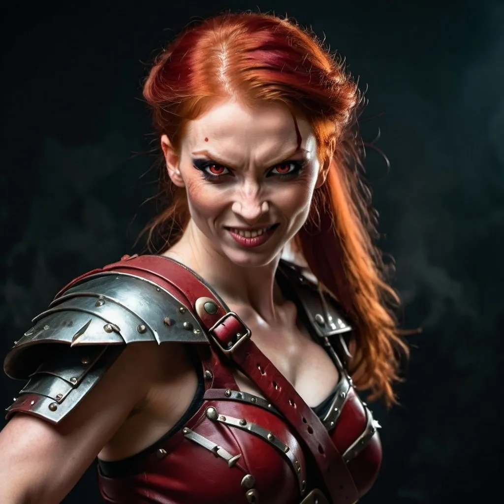 Prompt: Evil red-haired warrior woman with a mischievous grin. Carmine, red eyes. Fierce combat stance.